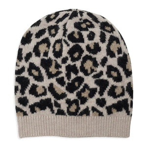Leopard Cashmere Knitted Beanie - Black/Camel