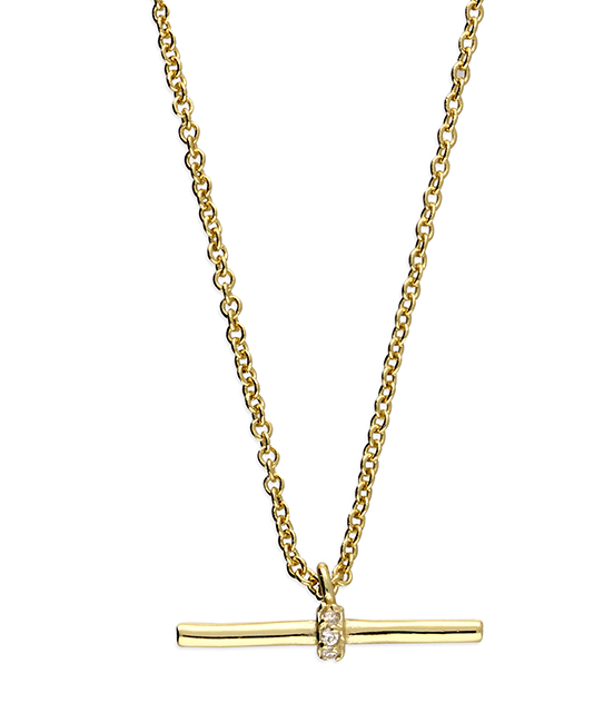 Yellow gold plated mini T-bar with cubic zirconia