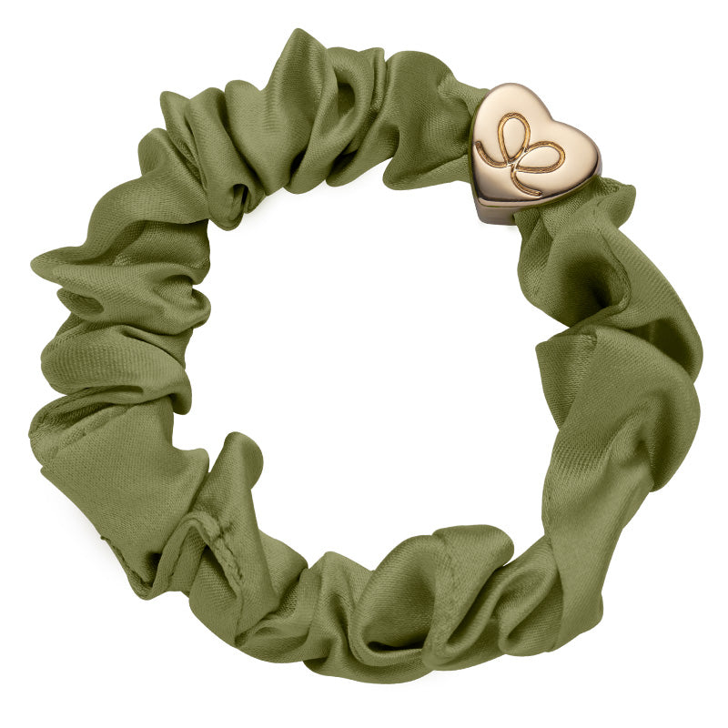 Gold Heart Silk Scrunchie | Olive Green