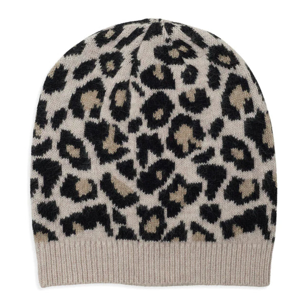 Leopard Cashmere Knitted Beanie - Black/Camel