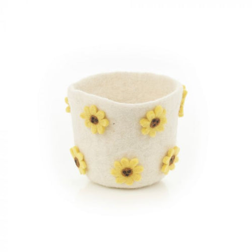 Handmade Felt Plant Pot - White Sunflower