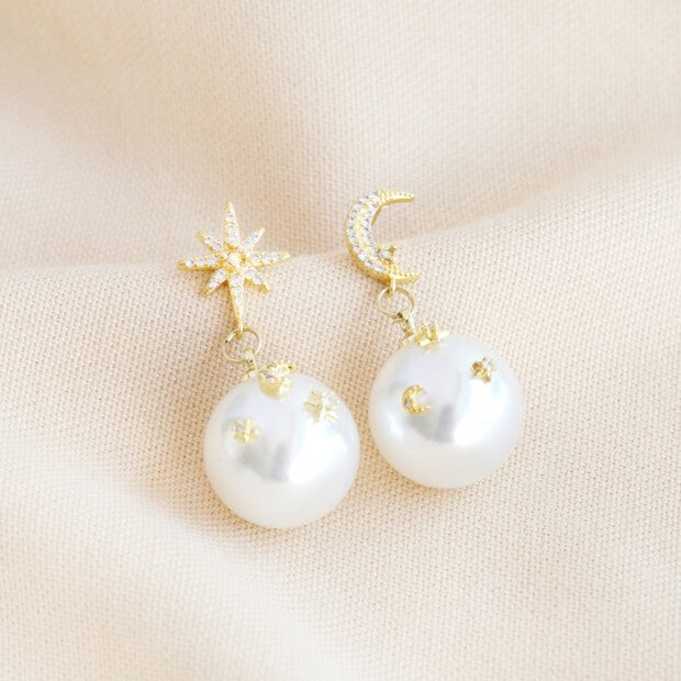 Mismatched Crystal Star and Moon Pearl Drop Earrings