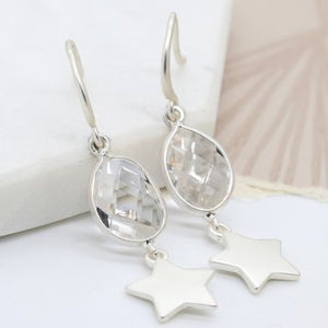 Matt finish silver plated star and crystal drop earrings